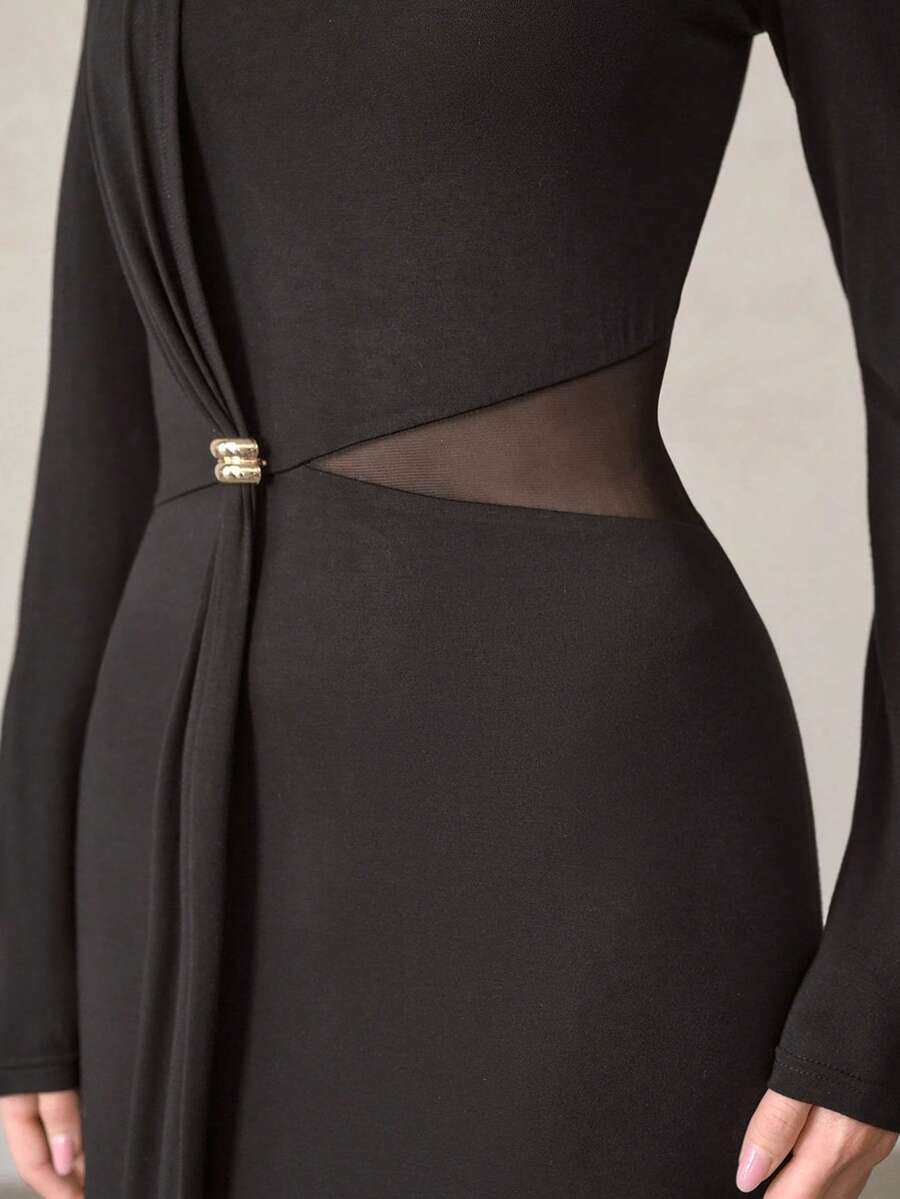 MOTF PREMIUM WOMEN'S MESH PATCHWORK DRESS WITH FLOWY RIBBONS - Black - View 2