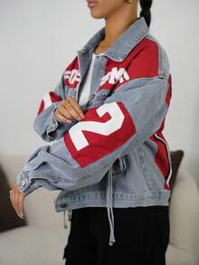 SAYEHFBABY 女士休闲时尚街头字母图案拼接拉链口袋落肩宽松牛仔夹克，春秋 - 藍色 - 查看 3