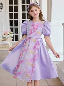 SHEIN Đầm công chúa tay ngắn dáng chữ A màu tím thanh lịch đính cườm và thêu họa tiết, cổ Peter Pan, dành cho bé gái tuổi teen. - Màu tím - Xem 9