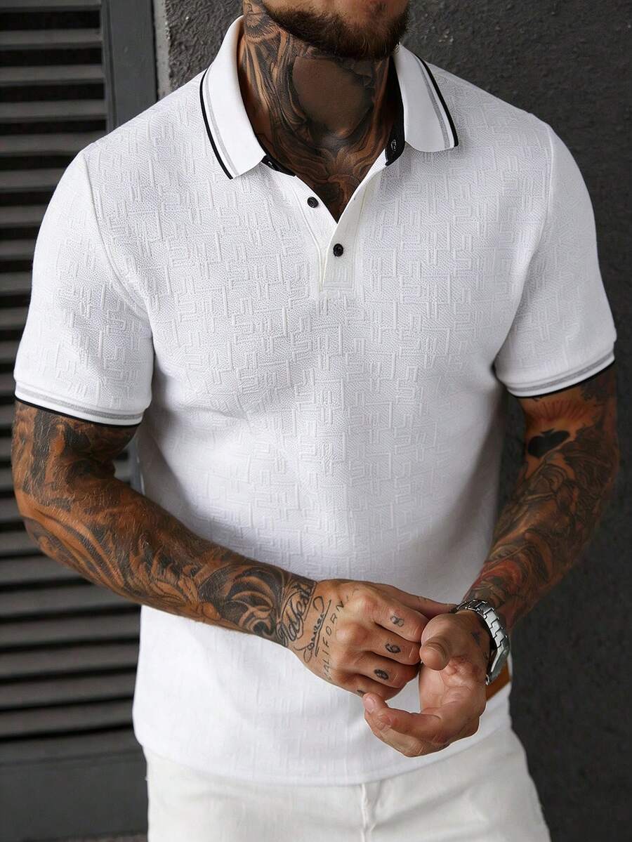 EGENSIO 男士提花纹理纯色罗纹领 Polo 衫 - 白色 - 查看 1