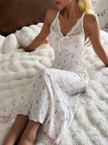 SHEIN Contrast Lace Floral Print Romantic Elegant Maxi Slip Dress - White - View 5