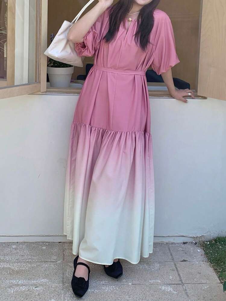 Dazy Plus Plus Size Women's Casual Vacation Elegant Ombre Bubble Sleeve Belted Midi Dress, Summer Sun Dresses For Women