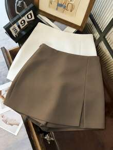 Pantalones cortos/falda/culotte/shorts de mujer de tela suave y texturizada de cintura alta con abertura, de uso versátil y casual, para primavera/otoño - Marrón Mocha - Ver 5