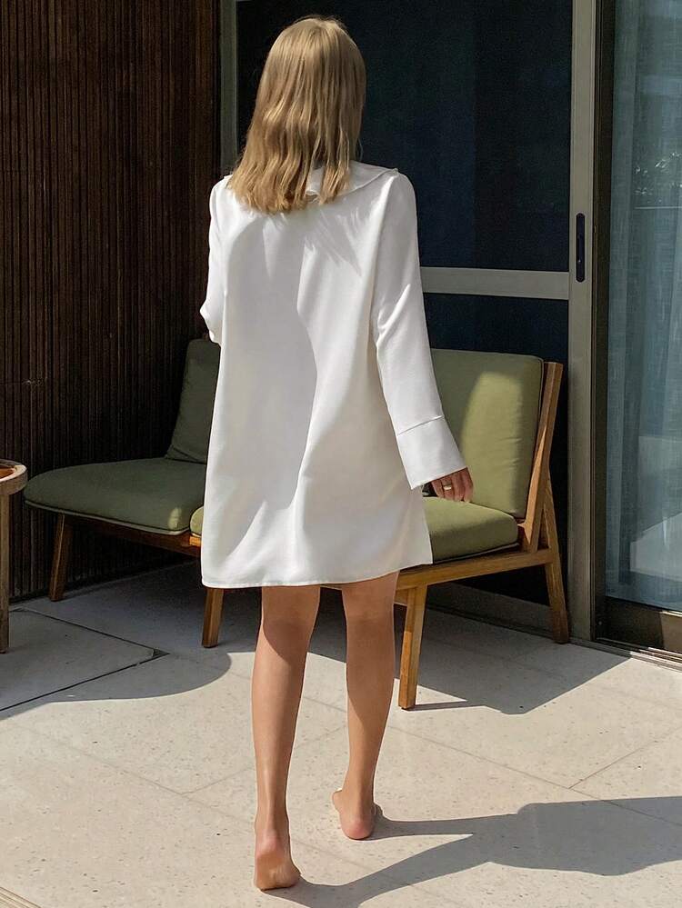 White Ruffled Tie Neck Loose Short Women Nightgown