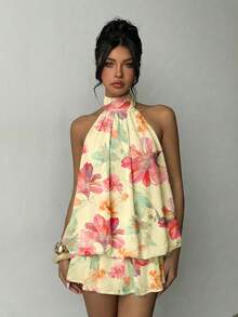 Aloruh Đầm ngắn cổ yếm thoải mái, phong cách tối giản, thanh lịch, retro, họa tiết hoa màu nước nhuộm tie-dye, thích hợp cho bãi biển, kỳ nghỉ, sinh nhật, mùa xuân/hè. - Nhiều màu - Xem 6