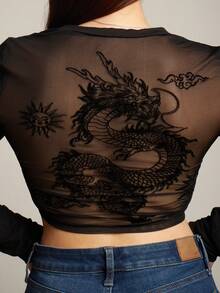 Lupita Cardoza Solid Color Long Sleeve Chinese Dragon Net Mesh Backless Y2K Going Out Fall Graphics Woman Black T-Shirt - Black - View 2