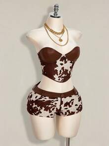 SHEIN ICON Women's Minimalist Printed Bandeau Top And Shorts 2 Pieces Set - Brown - View 5