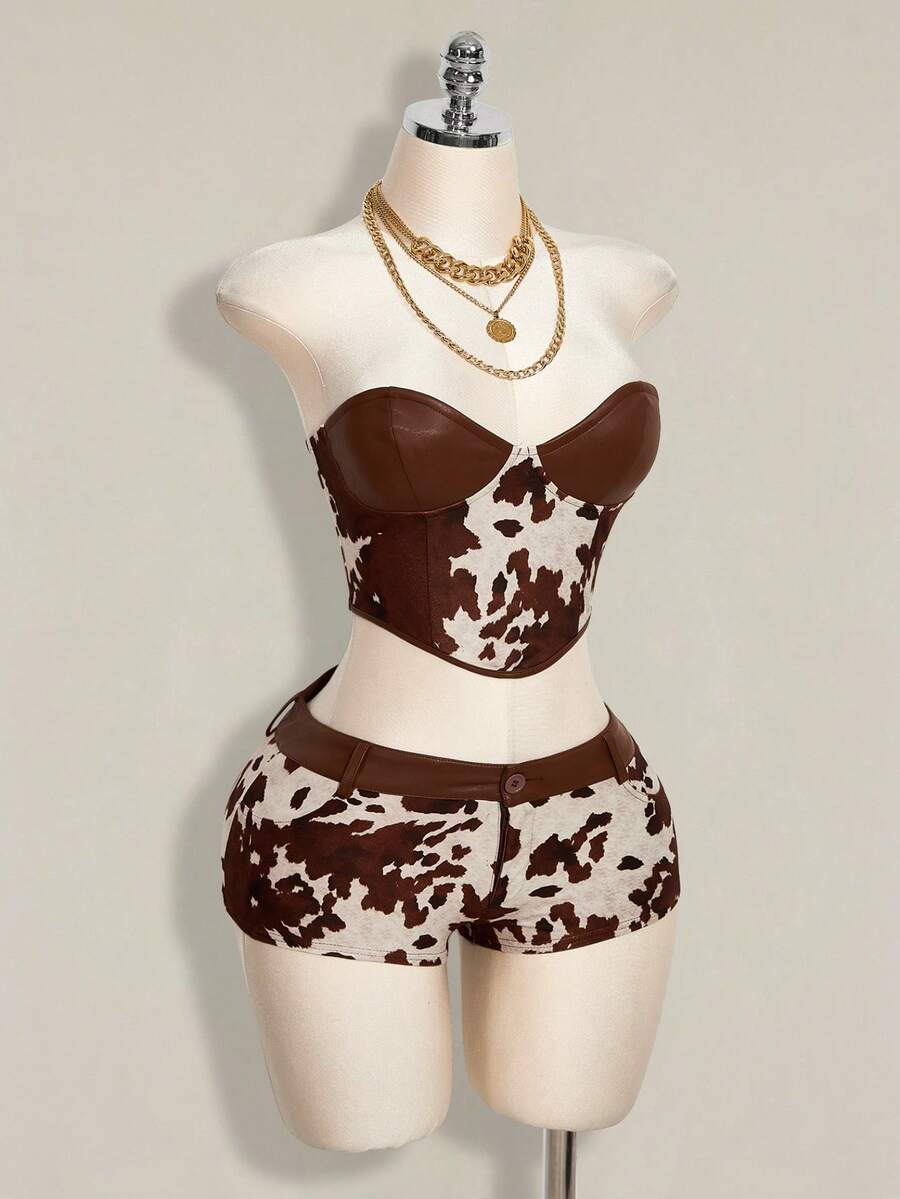 SHEIN ICON Conjunto de 2 piezas de top bandeau y shorts con estampado minimalista para mujer - Marrón - Ver 1