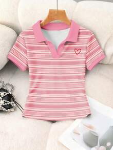 Rovax 女士条纹爱心印花休闲Polo领短袖上衣 - 白色 - 查看 5