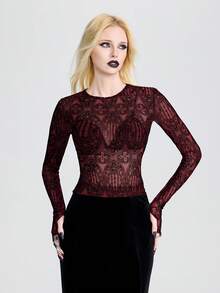 Breakform Áo nữ phong cách Gothic tối màu, chất liệu lưới nhung họa tiết rắn, cổ tròn, tay dài, ôm sát, gợi cảm, thích hợp cho đi chơi hàng ngày và các lễ hội. - Đỏ và đen - Xem 1