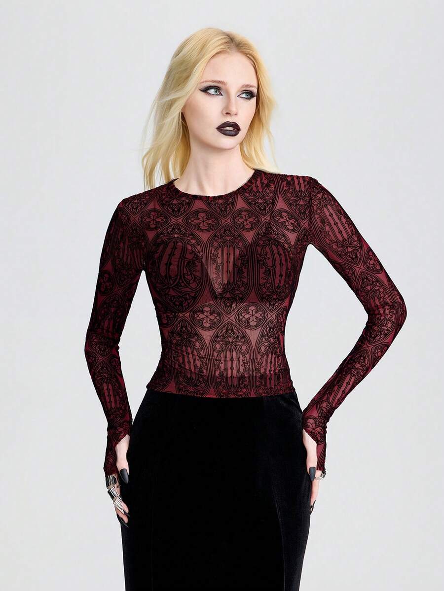 Breakform Áo nữ phong cách Gothic tối màu, chất liệu lưới nhung họa tiết rắn, cổ tròn, tay dài, ôm sát, gợi cảm, thích hợp cho đi chơi hàng ngày và các lễ hội. - Đỏ và đen - Xem 1