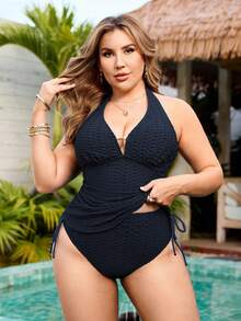 Swim Lushoire Plus Size Women Solid Color Halter Waist Drawstring Tankini Swimsuit Set - Blue - View 6