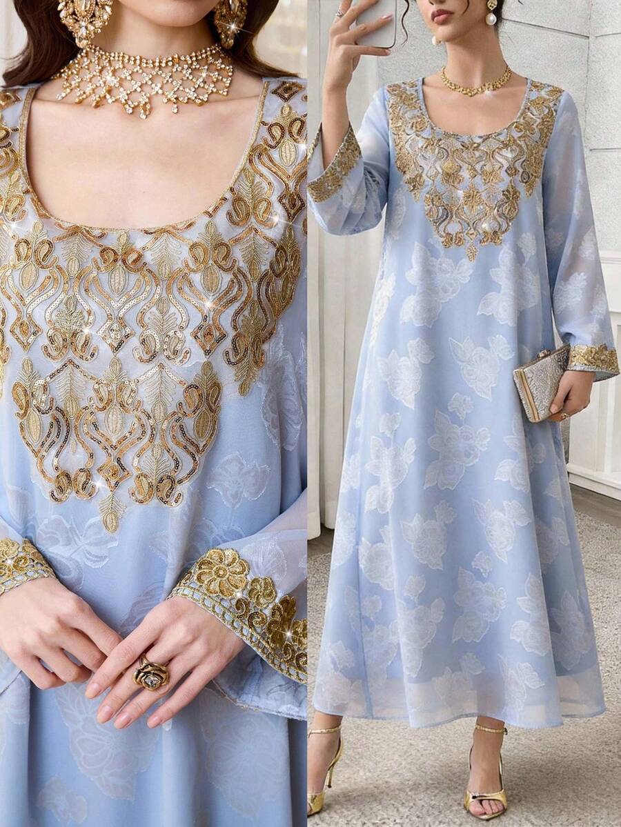 Al Najma Women's Elegant Round Neck Long Sleeve Arabic Style Dress - Dusty Blue - View 1