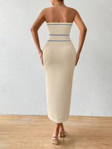 SHEIN PariChic 女士秋冬无肩带针织性感连衣裙，高品质度假风长裙 - 米色 - 查看 2