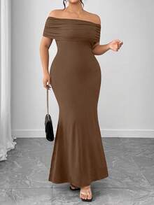 Elenzga Đầm ôm body hở lưng màu trơn thanh lịch cỡ lớn cho nữ - Cà phê nâu - Xem 4