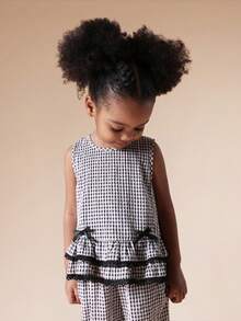 SUMWON Gingham Checked Peplum Tank Top And Wide Leg Palazzo Pants Set With Black Lace Trim For Summer For Valentine's Day Festive Occasionwear For Casual And Vacation - Black - View 3