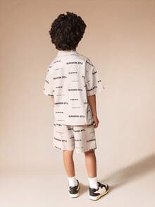 SUMWON Boys Button Up Shirt And Matching Shorts Set White All Over Print Text Pattern Summer Casual Two Piece Outfit - Khaki - View 2