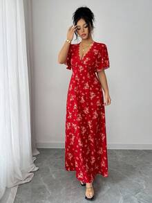 Selianne Damen V-Ausschnitt Puffärmel tailliertes A-Linien Kleid mit Blume Muster, ideal für Reisen, Strand, Sommer, verschiedene Farben - Rot - Übersicht 5