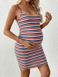 SHEIN 孕妇条纹修身休闲吊带连衣裙 - 彩色 - 查看 4