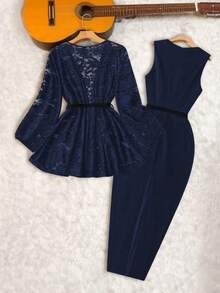 GlowEve CURVE Stylish Navy Blue Knitted Two Piece Set For Women Elegant Regular Sleeve Jacket And Bodycon Skirt With Plant Pattern - Navy Blue - View 3