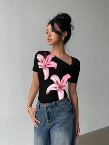 Siren Gaze Áo thun nữ tay ngắn dáng ôm, cổ lệch, nhún bèo, kiểu dáng thường ngày thanh lịch, thích hợp cho mùa hè. - màu đen - Xem 8