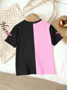 Unga flickor casual fashionabel cool K-POP tjej svart & rosa färgblock kortärmad rund hals t-shirt, 3 flickor tryckt ärm & pentagramtryck personlig söt mångsidig utomhustopp - Multifärgad - Visa 2