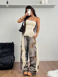 Coolane 女士春夏Y2K图案撞色蕾丝运动筒裙荷叶边迷你裙 - 杏色 - 查看 3