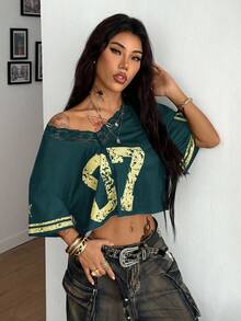 Coolane Women's Summer Sportswear Basic Y2K Number Pattern Contrast Lace V-Neck Jersey Over Size T-Shirt Y2k Clothes Women Tops T Shirt Crop Top Baggy Crop Top Y2k Graphic Crop Top Crop Tops Women Graphic - Green - View 3