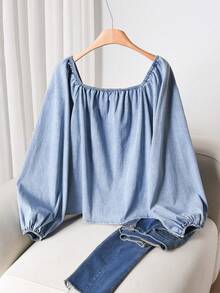 CosyJoli 大码女式圆领泡泡袖长袖休闲T恤，蓝色，适合通勤和日常穿着，时尚大码T恤 - 藍色 - 查看 2