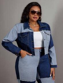 Slaydiva 大码女式牛仔蓝色拼接弹力短外套，牛仔竞技服 - 藍色 - 查看 5