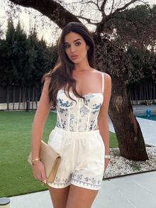 Maca Silvats 女士节日蓝白印花蕾丝边紧身胸衣上衣，塑身吊带背心，适合派对、情人节、约会、下午茶、海滩、游轮、狂欢节、春夏 - 藍白色 - 查看 6