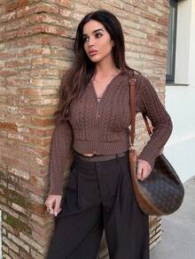 Maca Silvats 女式复古休闲街头风格卡其色纽扣拉链连帽开衫，秋冬 - 咖啡棕 - 查看 5