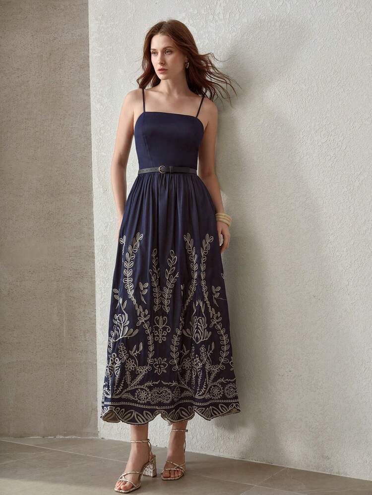 EMBROIDERY PLANTS PATTERN BUCKLE BELTED SLIP DRESS