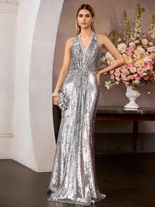 MOTF Soiréza 撞色亮片露背鸡尾酒裙 - 銀色 - 查看 6