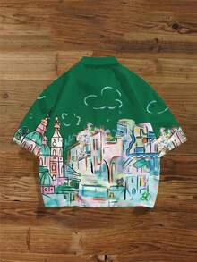 Manfinity Joysei 男士短袖前开襟纽扣时尚印花夏季休闲短款衬衫 - 綠色 - 查看 2