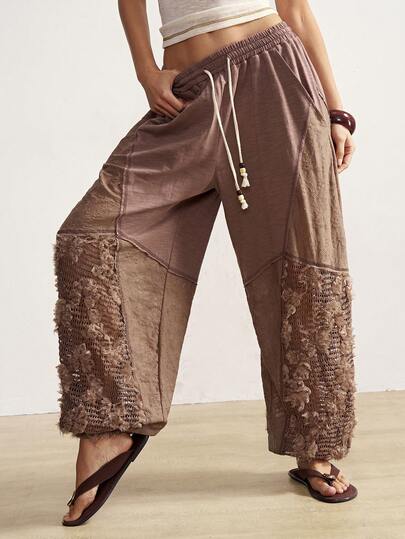 Bohemela Women's Casual Knit Patchwork Loose Drawstring Pants