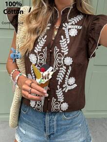 Serisse Áo sơ mi nữ tay ngắn thêu họa tiết tối giản, kiểu dáng thường ngày. - màu nâu - Xem 3