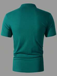 Calvornis 男士純色極簡日常短袖 Polo 衫，夏季休閒度假 T 領上衣，老錢風適用戶外、半正式場合與儀式 - 綠色 - 查看 2