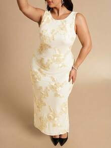 SHEIN BAE Plus Size Women's Elegant Embroidered Sleeveless Backless Dress, Summer - Apricot - View 5
