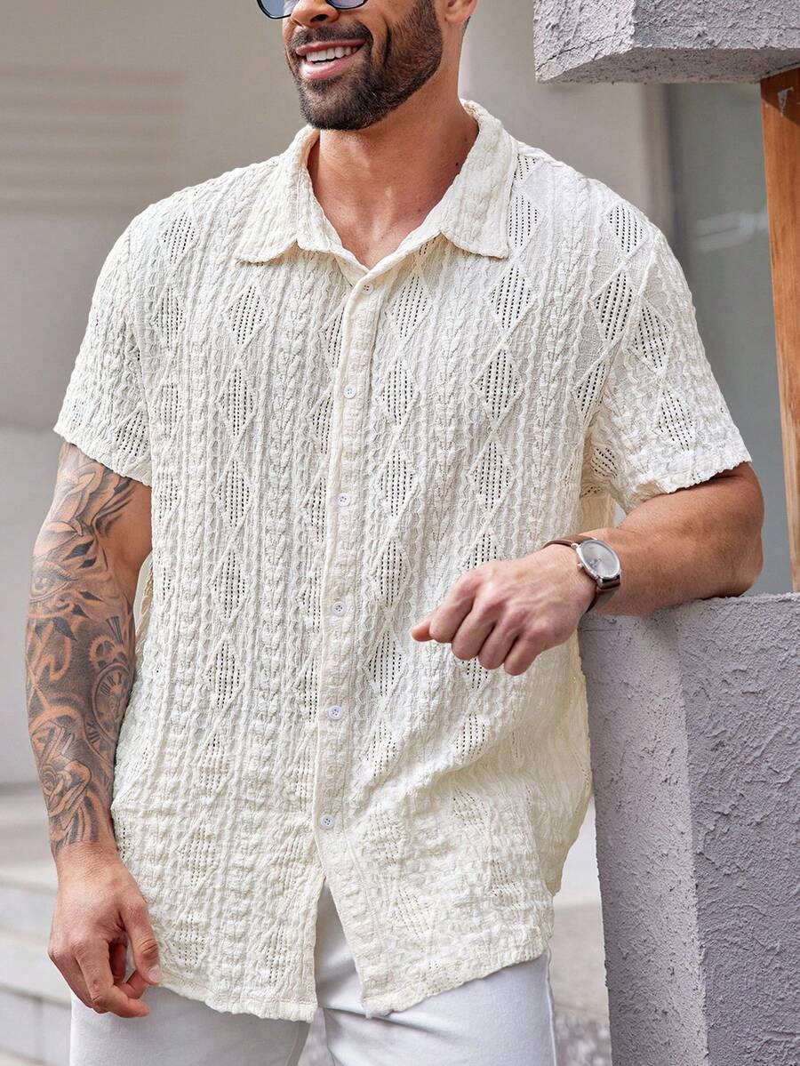 EASEVO Plus Size Men's Knit Casual Vacation Front Button Short Sleeve Shirt - Apricot - View 1