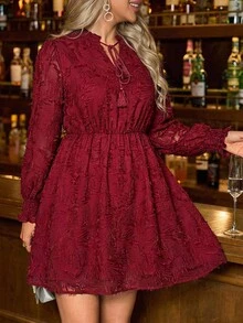 SHEIN Clasi 大尺碼酒紅色蕾絲長袖洋裝，優雅女款秋季婚禮賓客穿搭，正式情人節禮服，老錢風返校舞會裙 - 紅色 - 查看 3