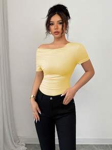 Elenzga Camiseta de verano con cuello drapeado elegante, manga corta asimétrica con volantes - Amarillo - Ver 5