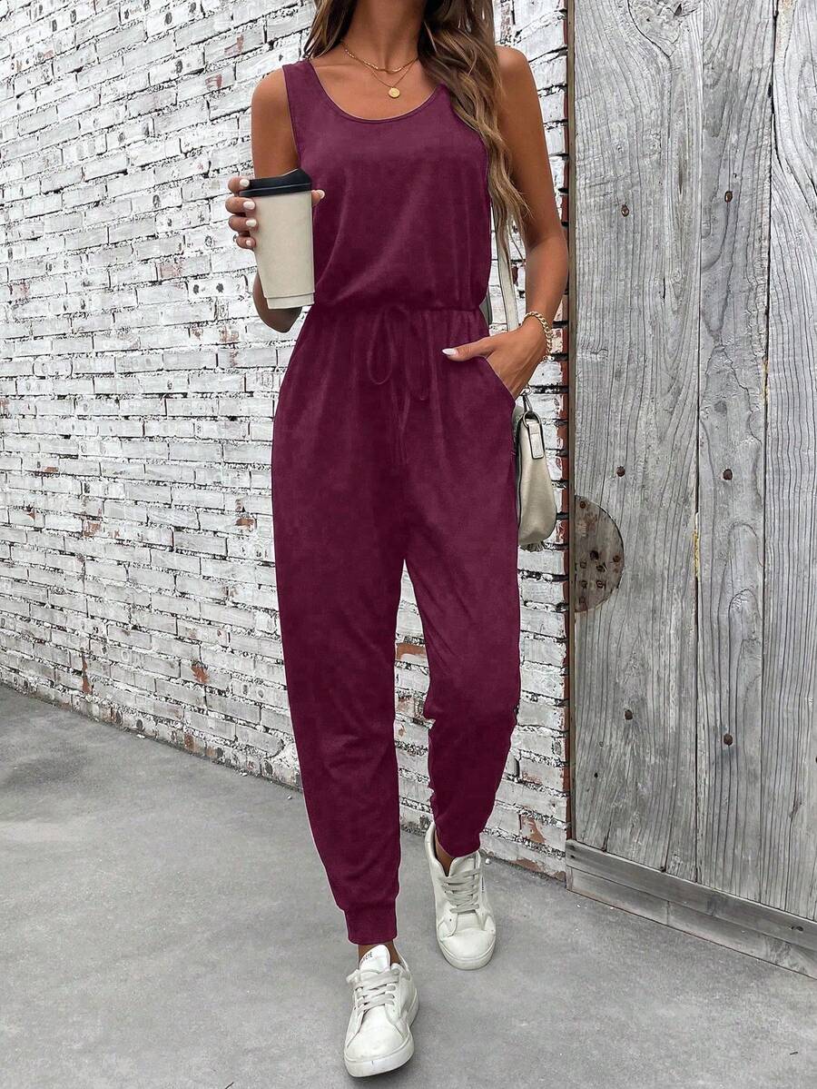 EMERY ROSE Bộ jumpsuit không tay cổ tròn, túi xéo, màu trơn, kiểu dáng thường ngày, đa năng. - Màu Đỏ Sâu - Xem 1