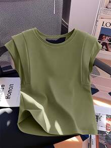 SHEIN Clasi 女士纯色蝴蝶结装饰钥匙孔领口短袖休闲T恤 - 橄欖綠 - 查看 2