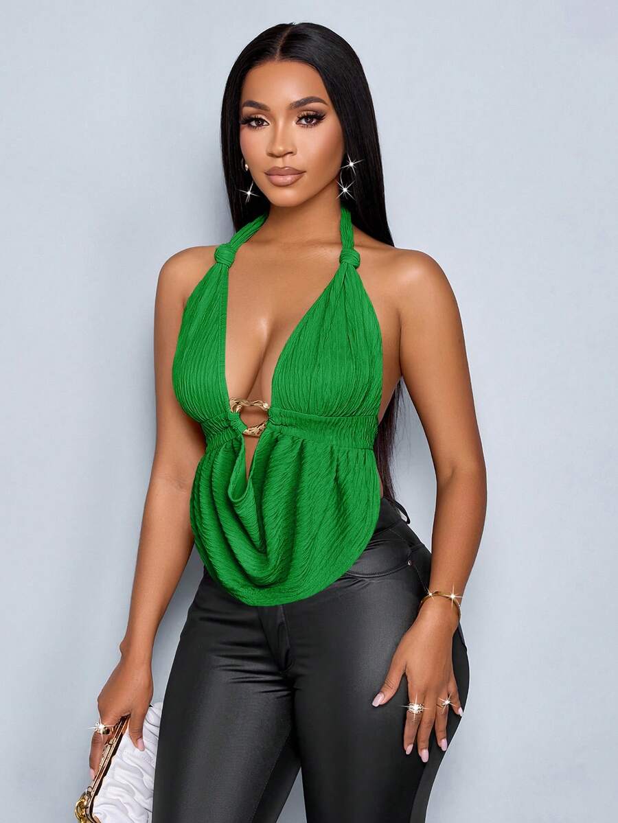 SOLERSUN 春夏女装休闲度假杏色深V领露背吊带衫，前中金属扣，肩带收拢，扭结弧形下摆，露背针织纹理面料吊带背心 - 綠色 - 查看 1