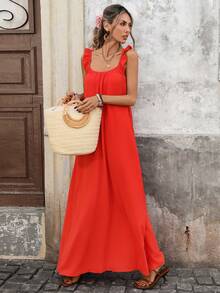 SHEIN Holidaya Đầm hai dây cổ vuông xếp nếp kiểu dáng thường ngày dành cho nữ, thích hợp cho kỳ nghỉ. - trái cam - Xem 2