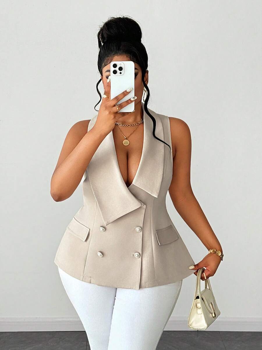 Maweii Plus Waterfall Collar Double Breasted Vest Blazer - Khaki - View 1