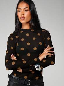 MISSGUIDED Mesh Polka Dot Long Sleeve Top With Round Neckline Fall Winter Layering Piece Fitted Blouse - Brown - View 5