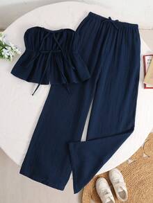 SHEIN 少女夏季休闲度假藏蓝色梭织棉吊带背心和裤子套装 - 藍色 - 查看 6