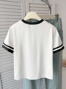 SHEIN 女童基础款修身撞色领蝴蝶结印花针织纯色T恤，白色 - 白色 - 查看 2